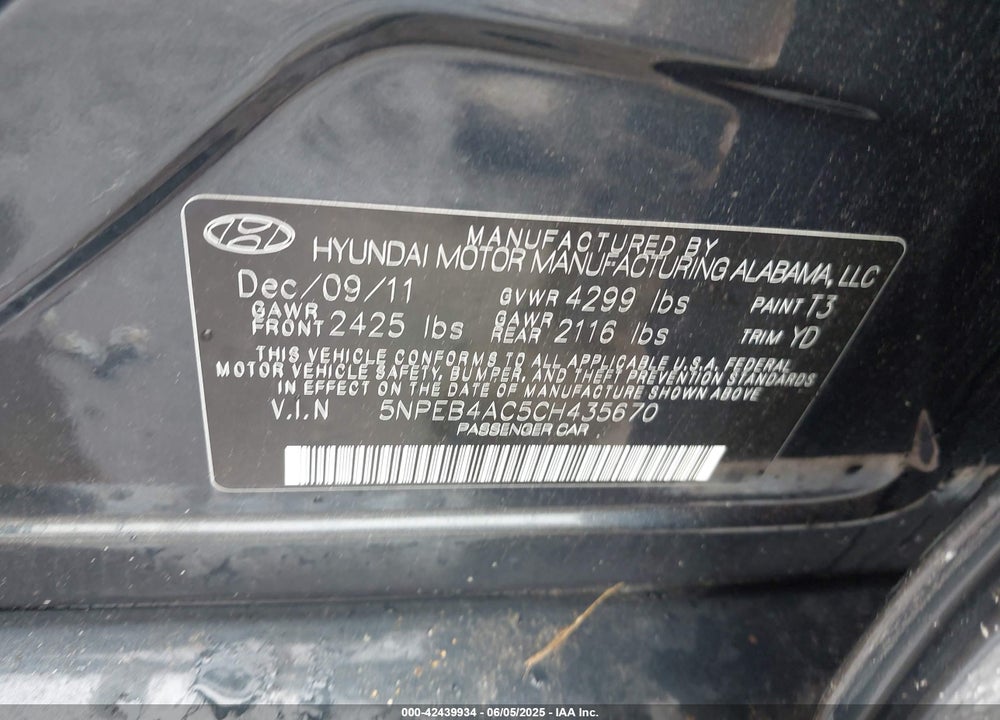 2012 HYUNDAI SONATA VIN: 5NPEB4AC5CH435670