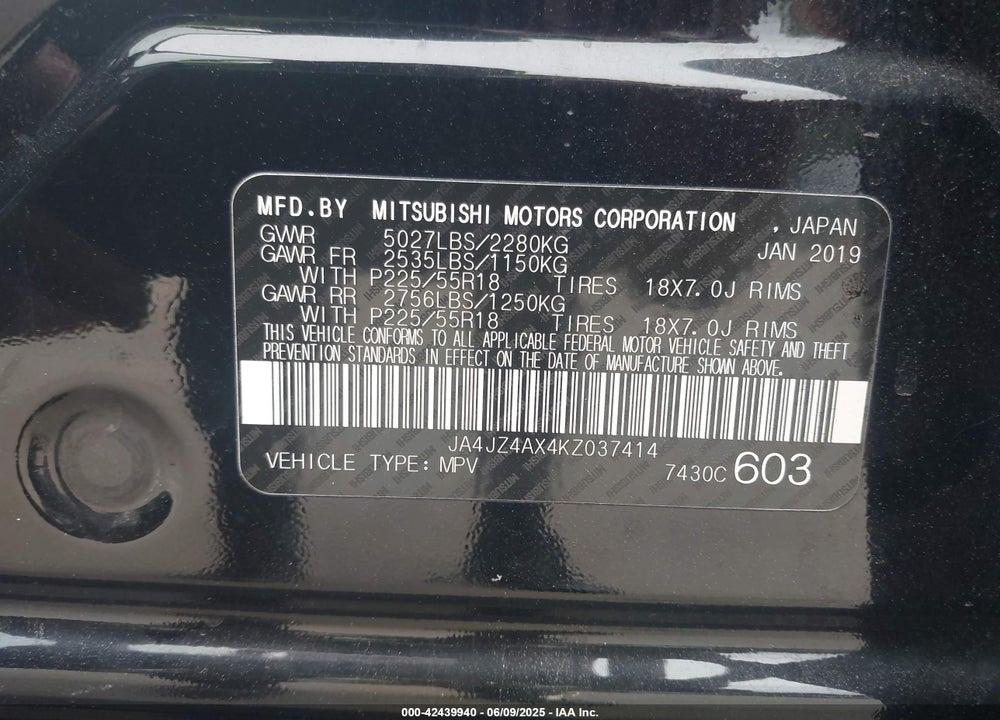 2019 MITSUBISHI OUTLANDER VIN: JA4JZ4AX4KZ037414