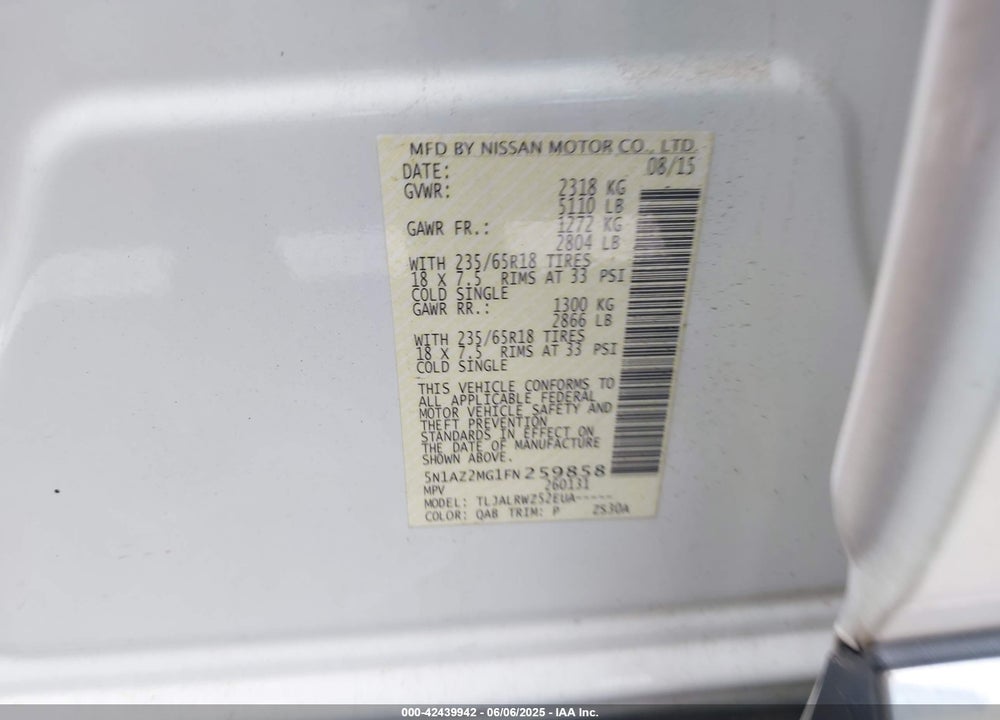 2015 NISSAN MURANO SL VIN: 5N1AZ2MG1FN259858