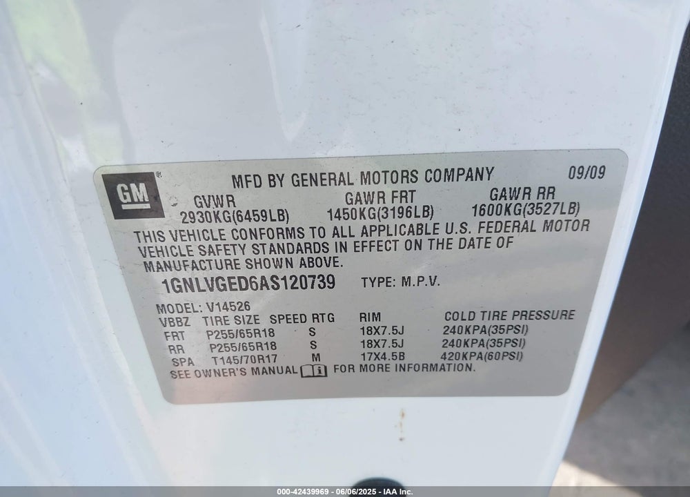 2010 CHEVROLET TRAVERSE VIN: 1GNLVGED6AS120739