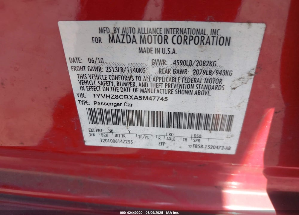 2010 MAZDA MAZDA6 VIN: 1YVHZ8CBXA5M47745
