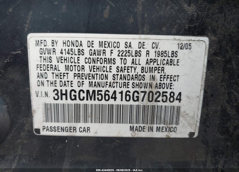 2006 HONDA ACCORD 2.4 LX VIN: 3HGCM56416G702584