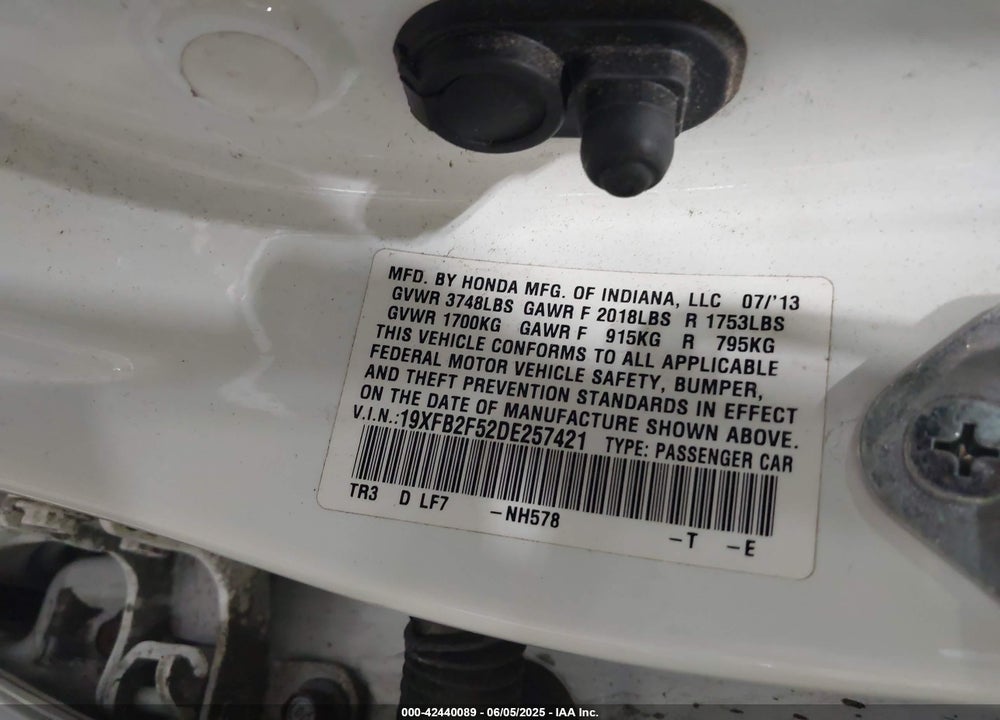 2013 HONDA CIVIC VIN: 19XFB2F52DE257421