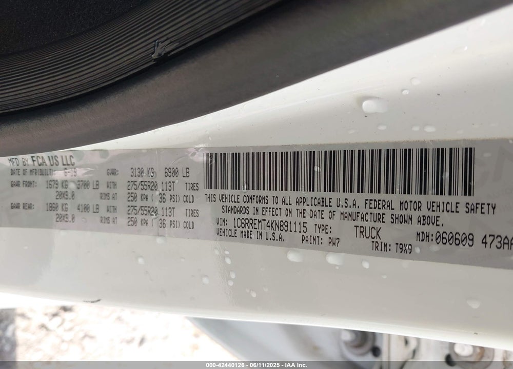 2019 RAM 1500 VIN: 1C6RREMT4KN891115