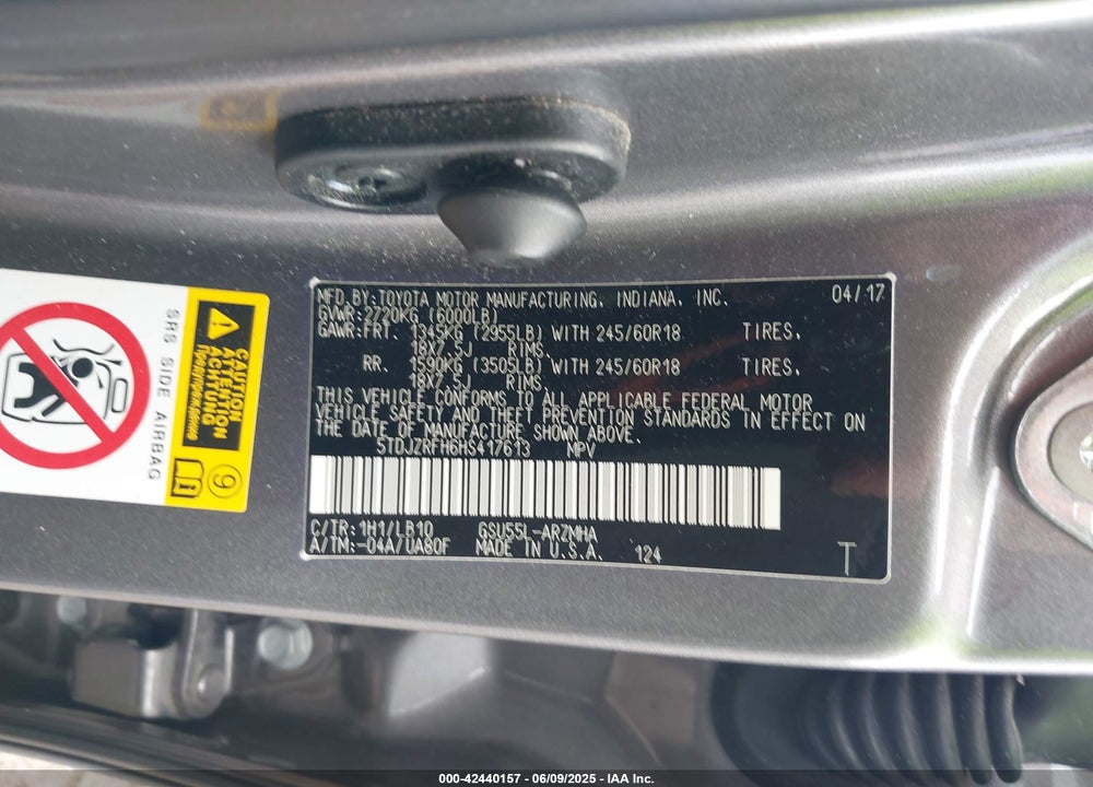 2017 TOYOTA HIGHLANDER VIN: 5TDJZRFH6HS417613