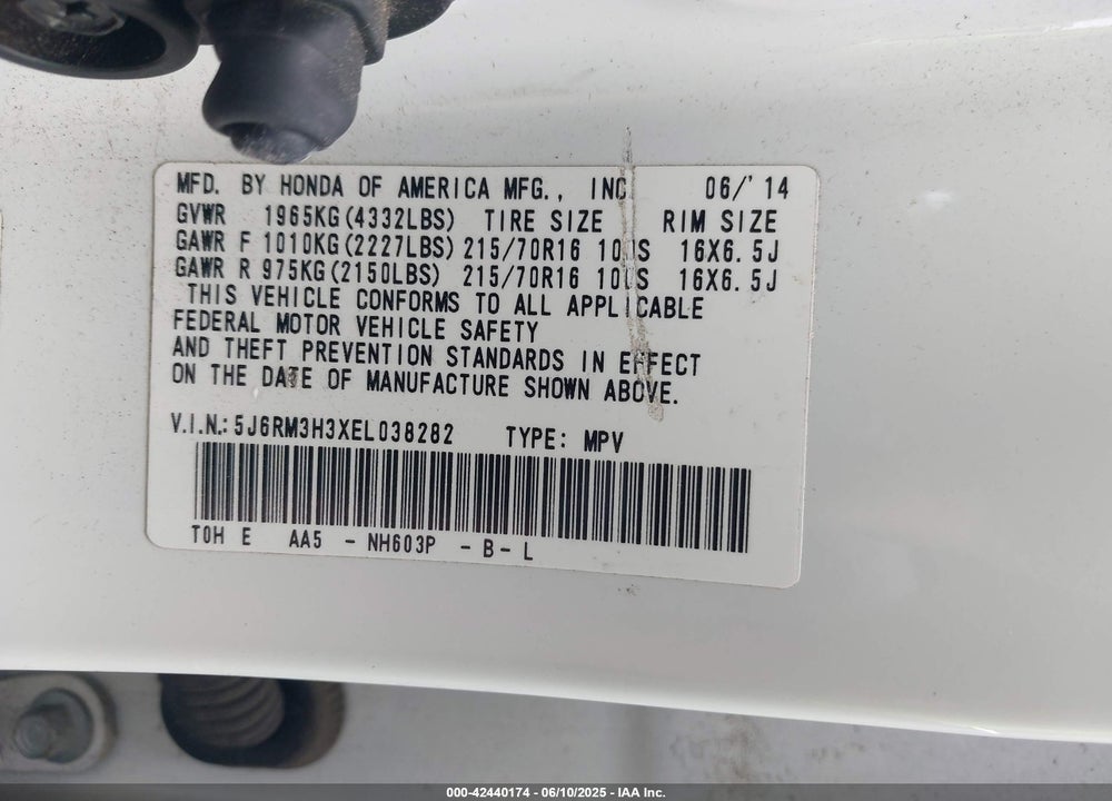 2014 HONDA CR-V LX VIN: 5J6RM3H3XEL038282