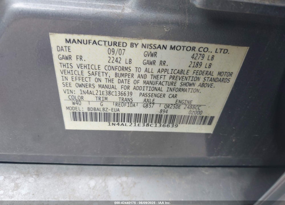 2008 NISSAN ALTIMA 2.5 S VIN: 1N4AL21E38C136639