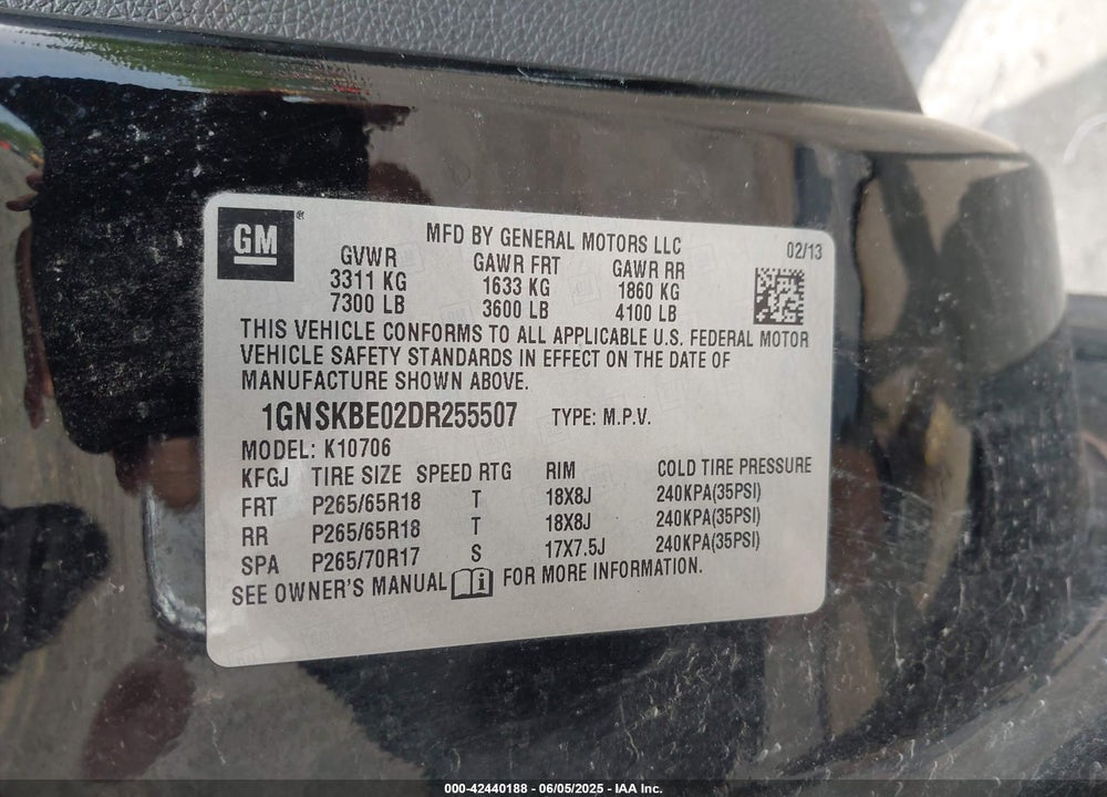 2013 CHEVROLET TAHOE VIN: 1GNSKBE02DR255507