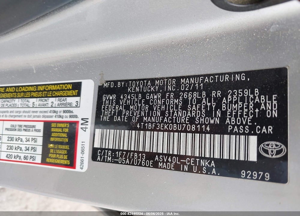 2011 TOYOTA CAMRY VIN: 4T1BF3EK0BU708114