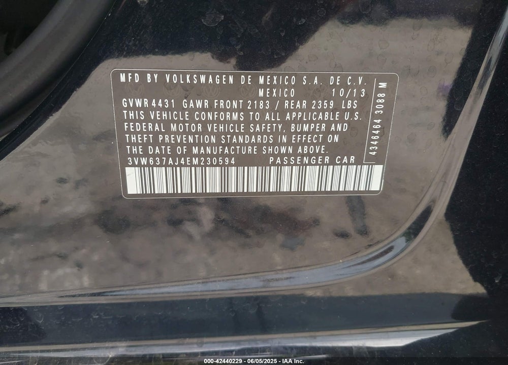 2014 VOLKSWAGEN JETTA HYBRID VIN: 3VW637AJ4EM230594