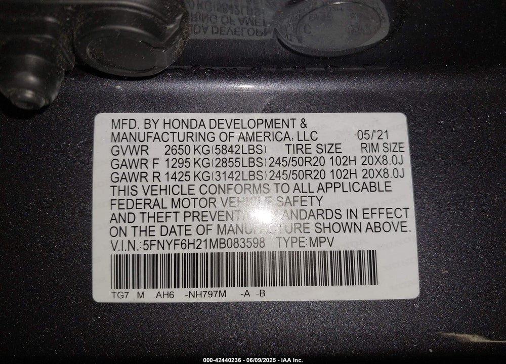 2021 HONDA PILOT VIN: 5FNYF6H21MB083598