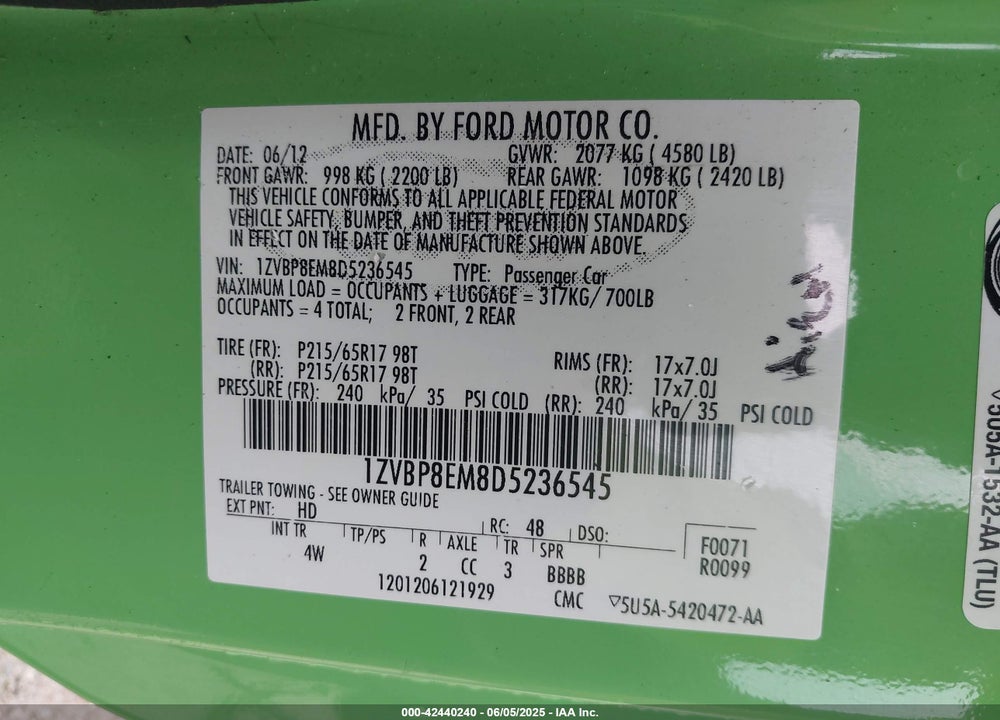2013 FORD MUSTANG V6 PREMIUM VIN: 1ZVBP8EM8D5236545