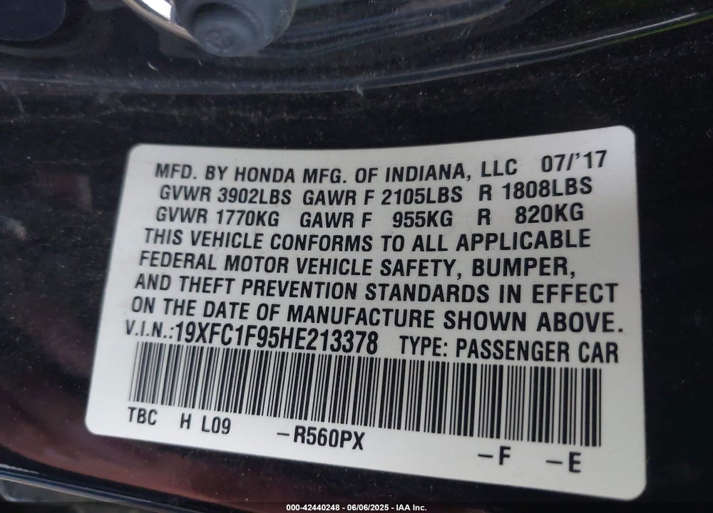 2017 HONDA CIVIC TOURING VIN: 19XFC1F95HE213378