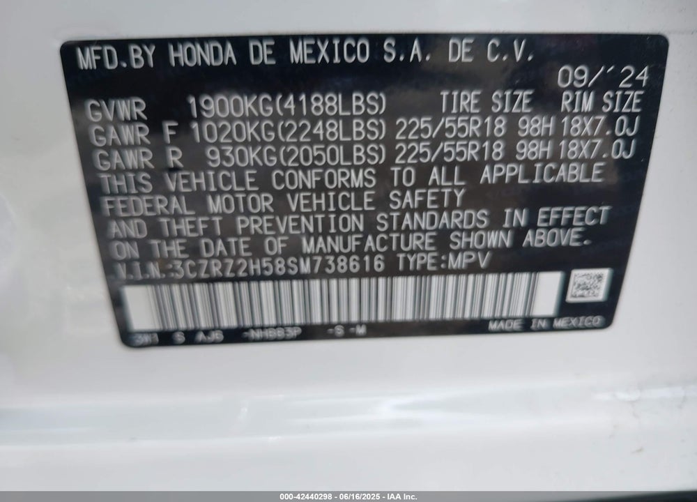 2025 HONDA HR-V VIN: 3CZRZ2H58SM738616