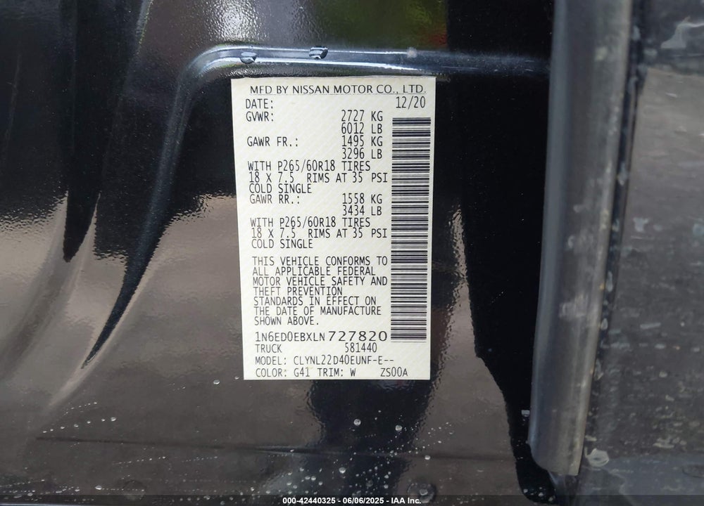 2020 NISSAN FRONTIER VIN: 1N6ED0EBXLN727820