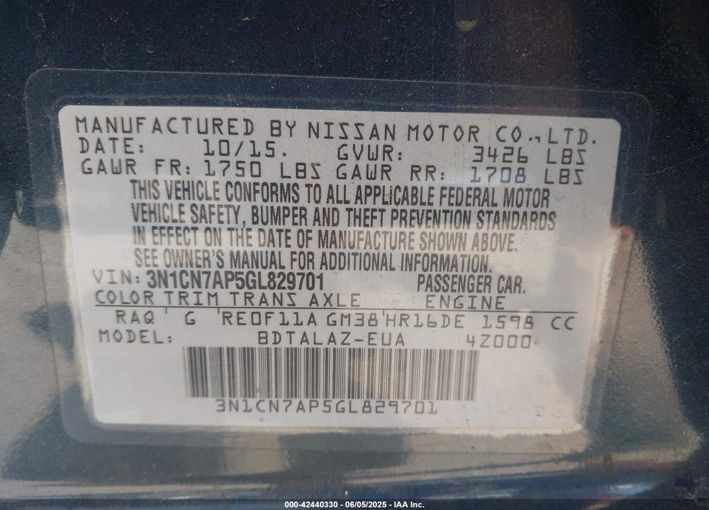 2016 NISSAN VERSA VIN: 3N1CN7AP5GL829701