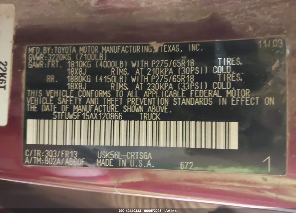 2010 TOYOTA TUNDRA VIN: 5TFUW5F15AX120866