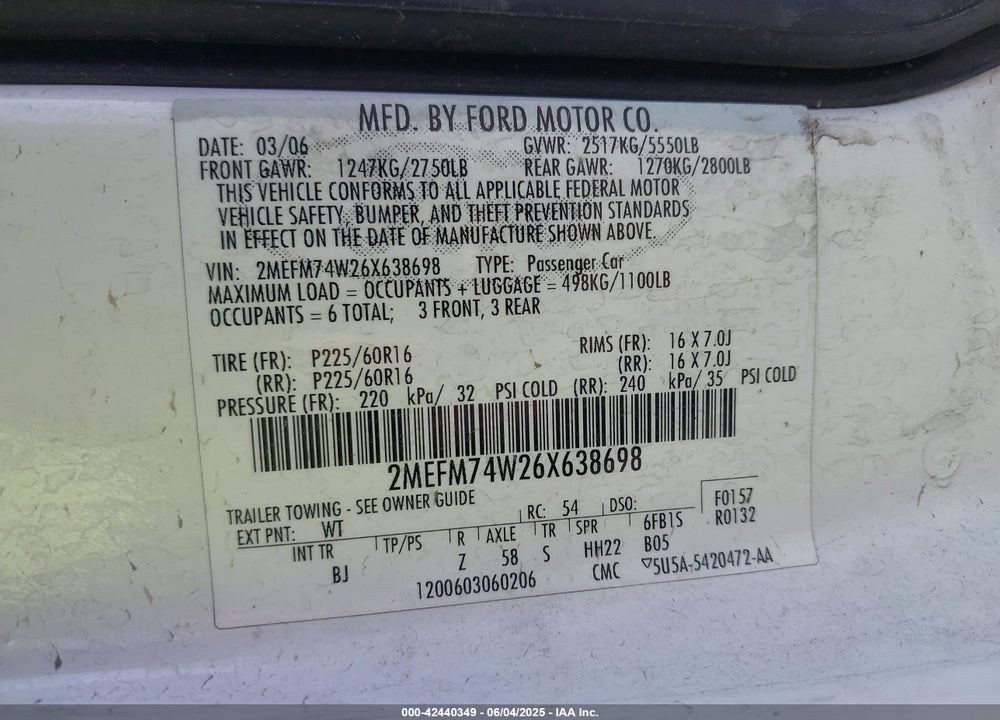 2006 MERCURY GRAND MARQUIS GS VIN: 2MEFM74W26X638698