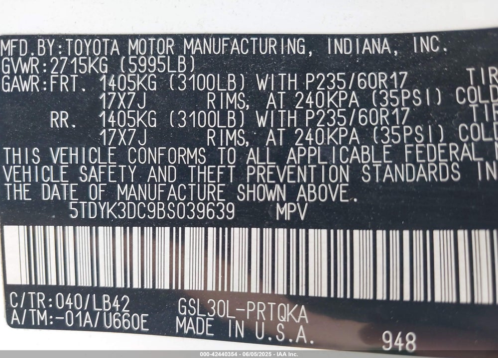 2011 TOYOTA SIENNA XLE V6 VIN: 5TDYK3DC9BS039639