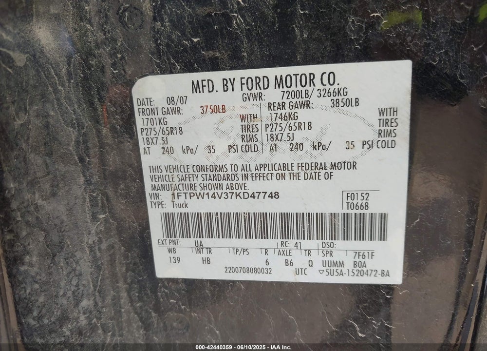 2007 FORD F-150 VIN: 1FTPW14V37KD47748
