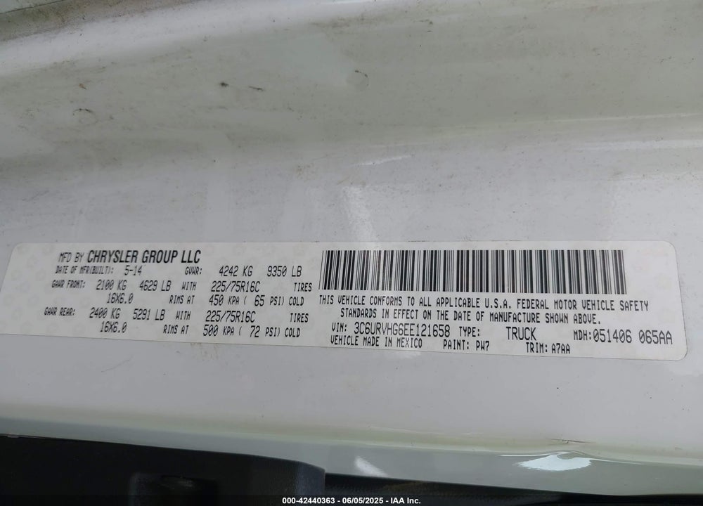 2014 RAM PROMASTER 3500 HIGH ROOF VIN: 3C6URVHG6EE121658