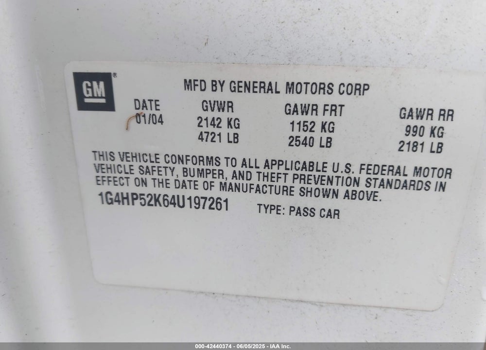 2004 BUICK LESABRE CUSTOM VIN: 1G4HP52K64U197261