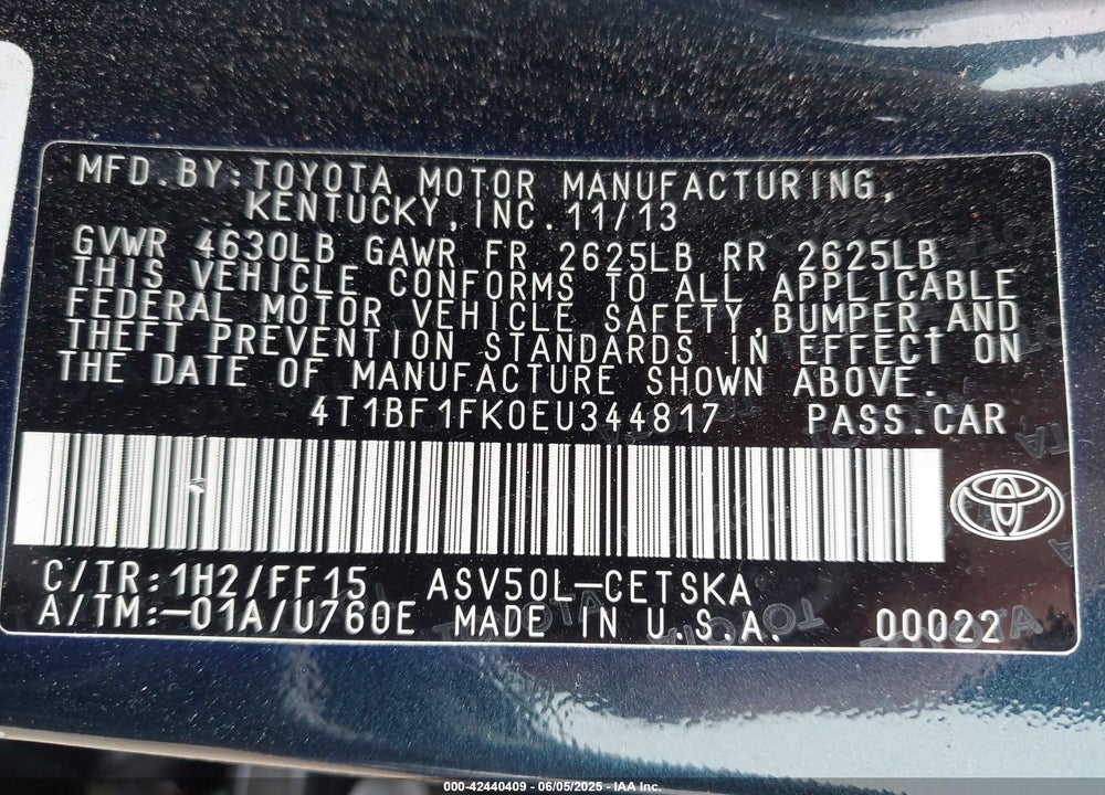 2014 TOYOTA CAMRY SE VIN: 4T1BF1FK0EU344817