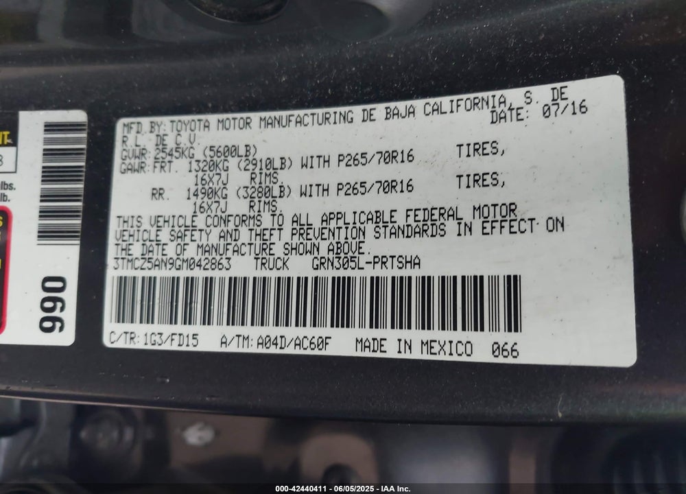 2016 TOYOTA TACOMA VIN: 3TMCZ5AN9GM042863