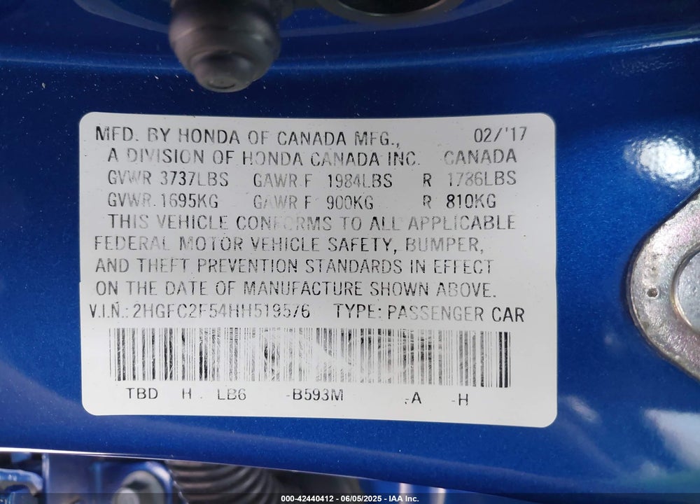 2017 HONDA CIVIC VIN: 2HGFC2F54HH519576