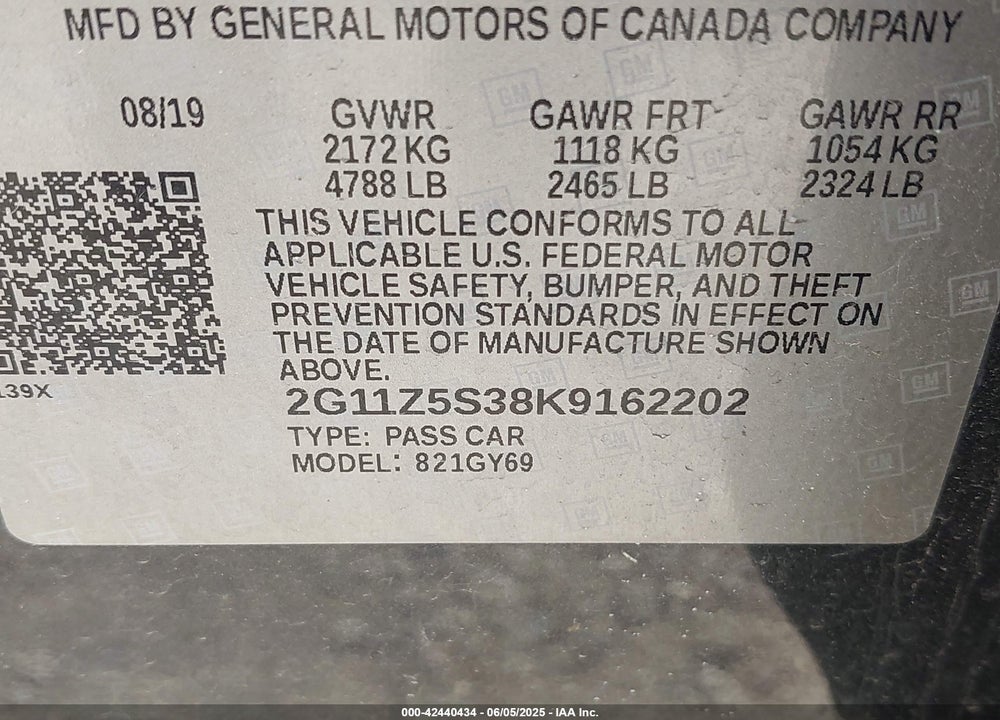 2019 CHEVROLET IMPALA VIN: 2G11Z5S38K9162202