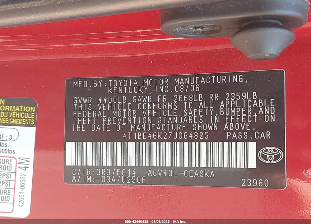 2007 TOYOTA CAMRY VIN: 4T1BE46K27U064825