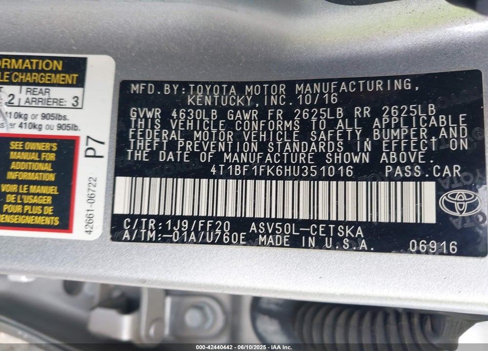 2017 TOYOTA CAMRY VIN: 4T1BF1FK6HU351016