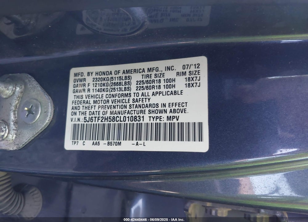 2012 HONDA CROSSTOUR VIN: 5J6TF2H58CL010831