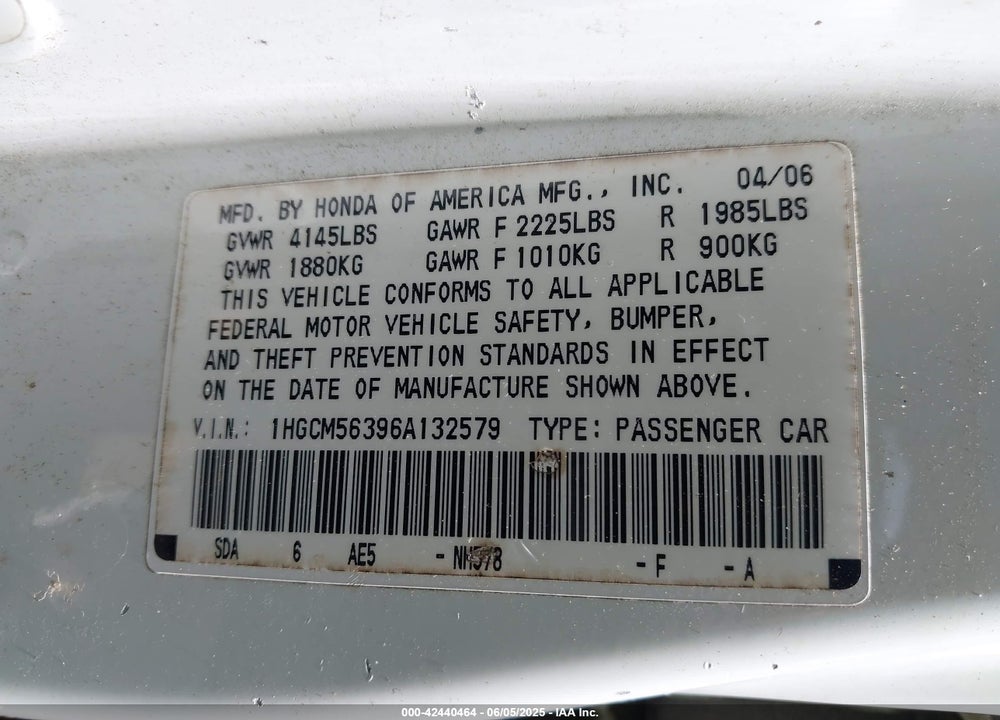 2006 HONDA ACCORD 2.4 SE VIN: 1HGCM56396A132579