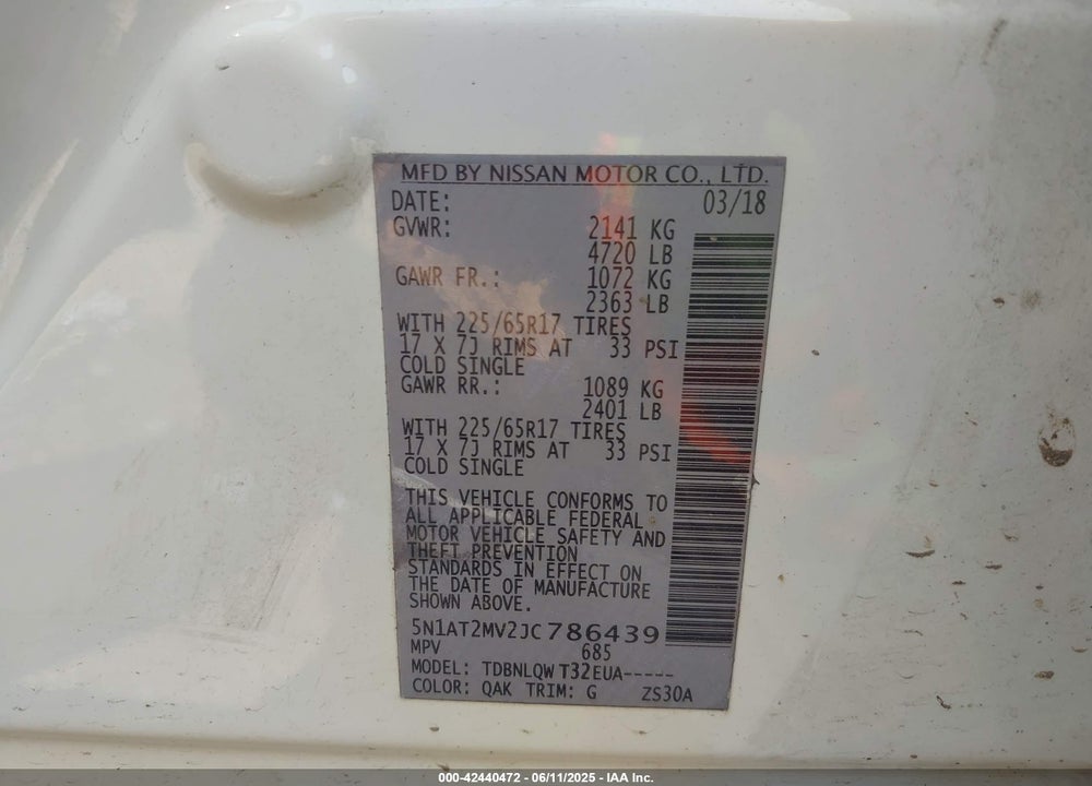 2018 NISSAN ROGUE SV VIN: 5N1AT2MV2JC786439