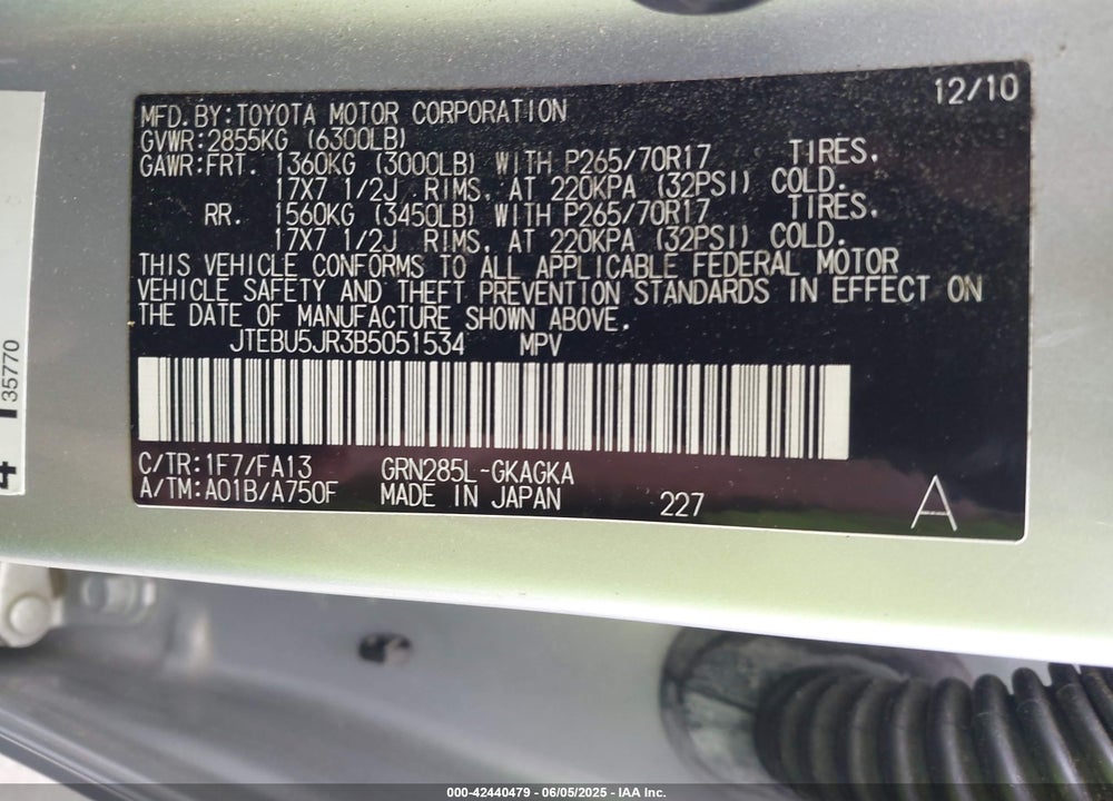 2011 TOYOTA 4RUNNER VIN: JTEBU5JR3B5051534