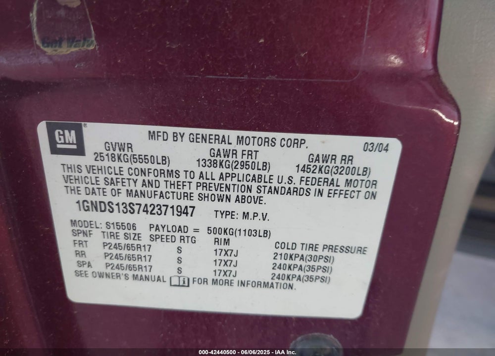 2004 CHEVROLET TRAILBLAZER LS VIN: 1GNDS13S742371947