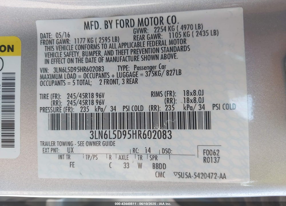 2017 LINCOLN MKZ SELECT VIN: 3LN6L5D95HR602083