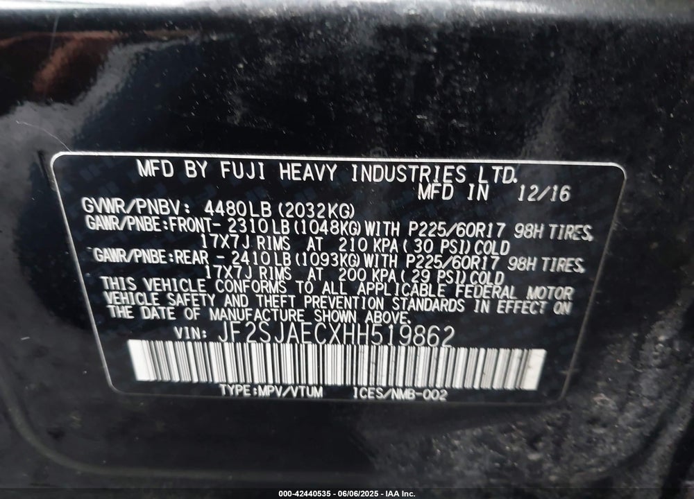 2017 SUBARU FORESTER 2.5I PREMIUM VIN: JF2SJAECXHH519862