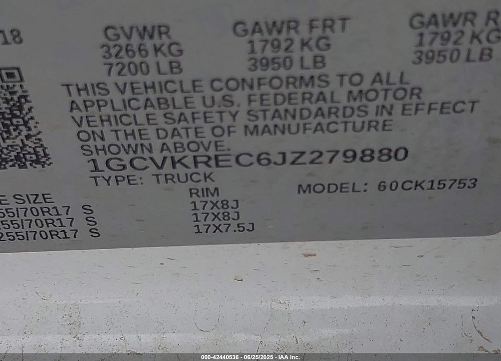 2018 CHEVROLET SILVERADO 1500 1LT VIN: 1GCVKREC6JZ279880