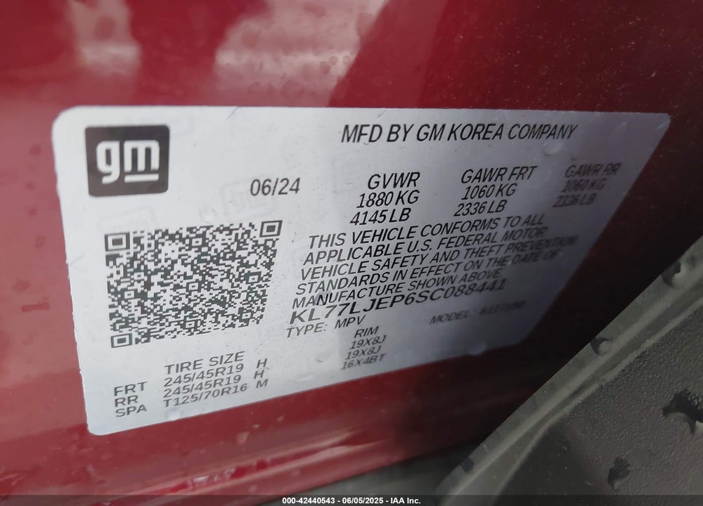 2025 CHEVROLET TRAX FWD 2RS VIN: KL77LJEP6SC088441