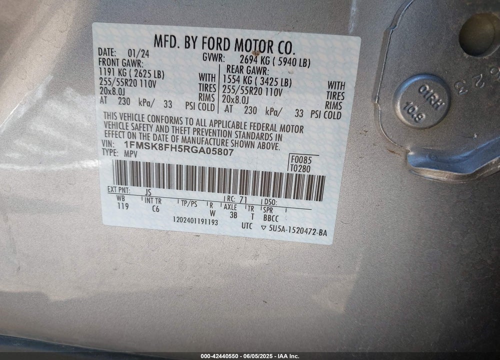 2024 FORD EXPLORER VIN: 1FMSK8FH5RGA05807