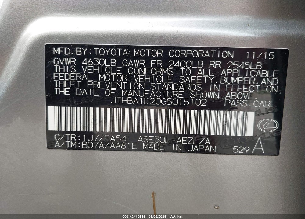 2016 LEXUS IS200T VIN: JTHBA1D20G5015102