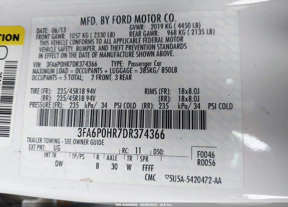 2013 FORD FUSION SE VIN: 3FA6P0HR7DR374366