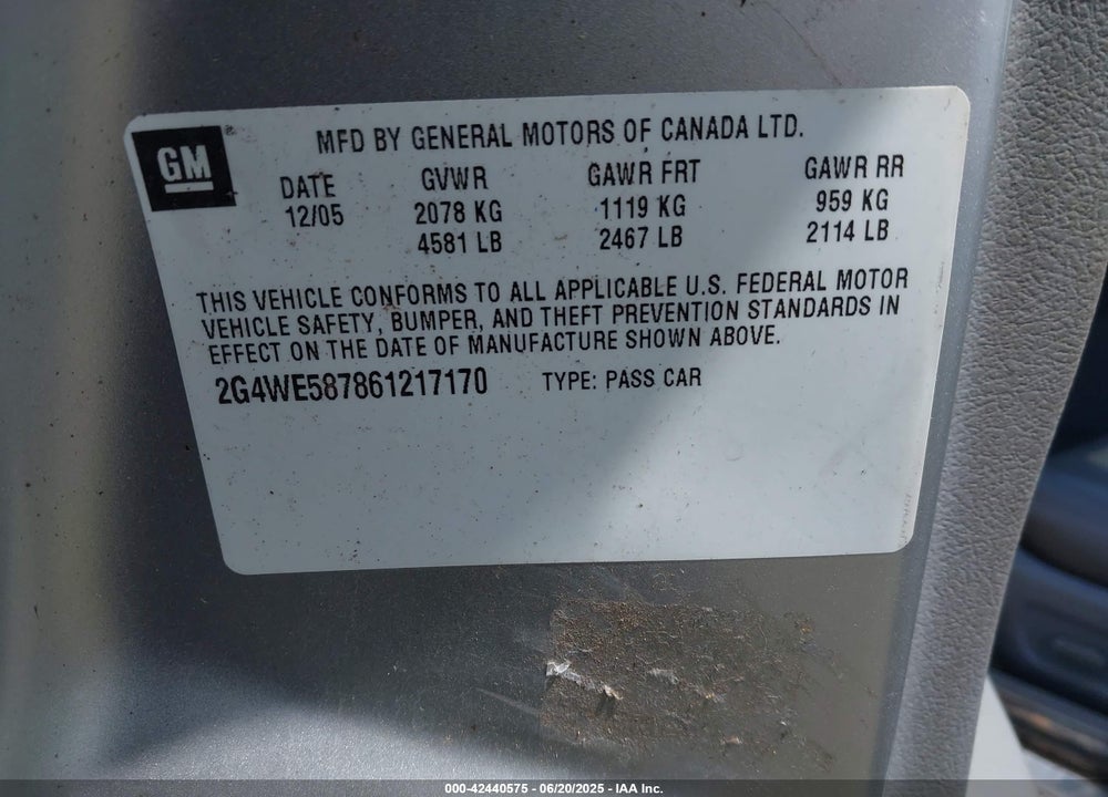 2006 BUICK LACROSSE CXS VIN: 2G4WE587861217170