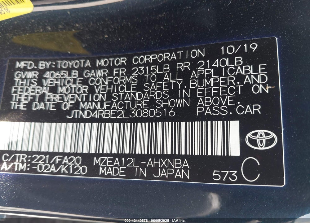 2020 TOYOTA COROLLA SE VIN: JTND4RBE2L3080516