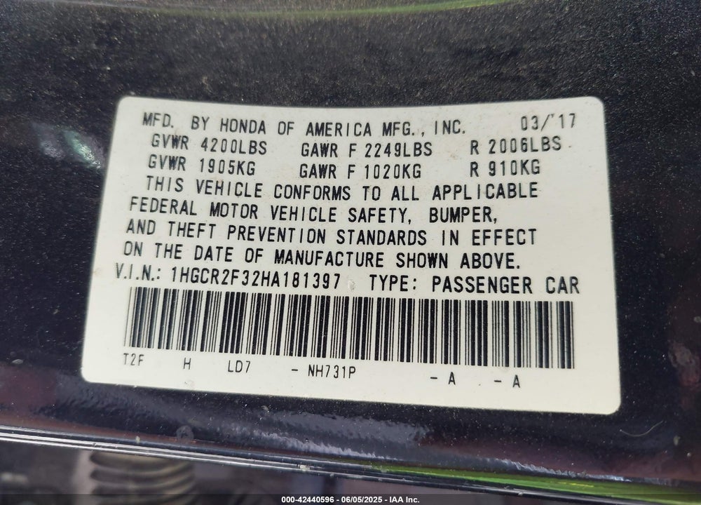 2017 HONDA ACCORD LX VIN: 1HGCR2F32HA181397