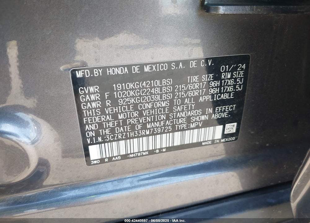 2024 HONDA HR-V VIN: 3CZRZ1H33RM739725