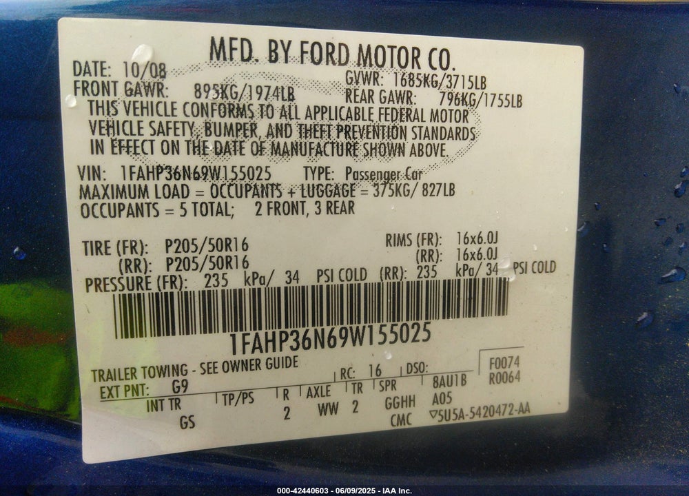 2009 FORD FOCUS VIN: 1FAHP36N69W155025