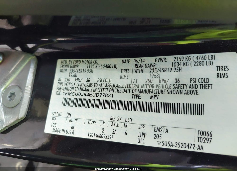 2014 FORD ESCAPE TITANIUM VIN: 1FMCU0J94EUD77831